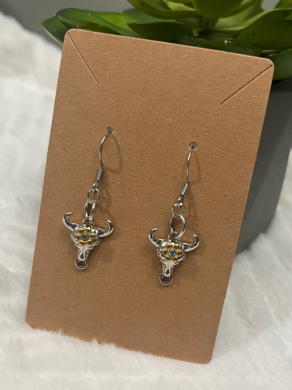 Silver Bull Head Earrings Gold Floral Blue Stone taurus steer head hand crafted